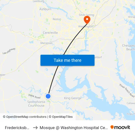 Fredericksburg to Mosque @ Washington Hospital Center map