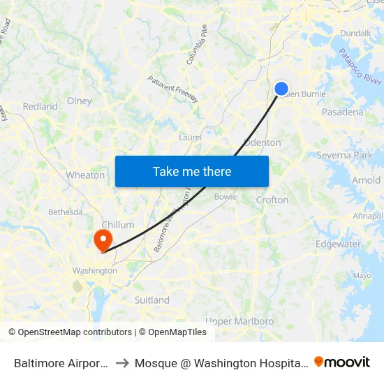 Baltimore Airport BWI to Mosque @ Washington Hospital Center map