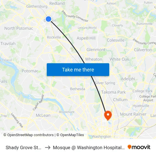 Shady Grove Station to Mosque @ Washington Hospital Center map