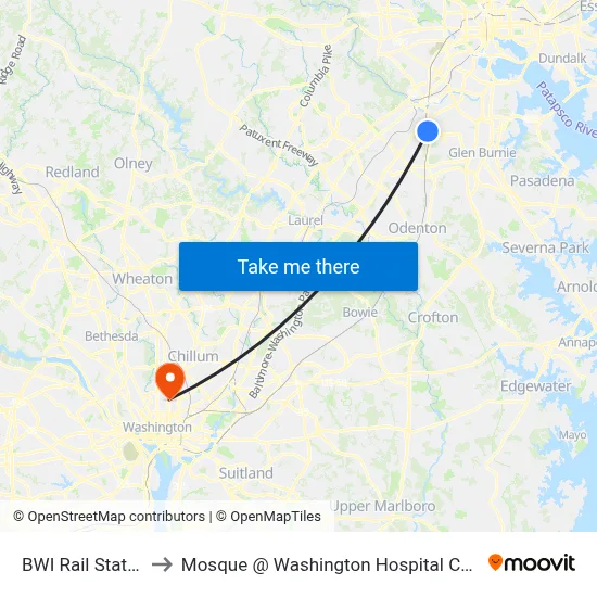 BWI Rail Station to Mosque @ Washington Hospital Center map