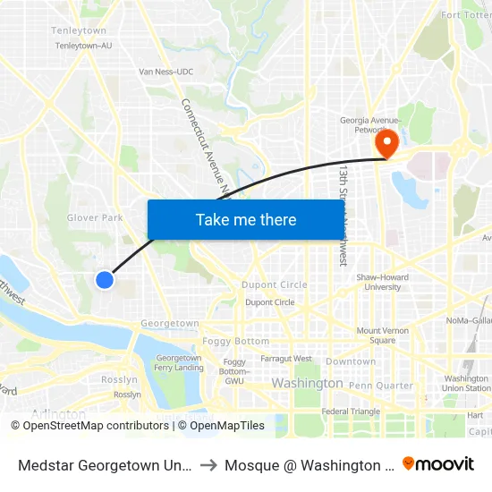 Medstar Georgetown University Hospital to Mosque @ Washington Hospital Center map