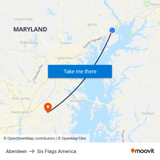 Aberdeen to Six Flags America map