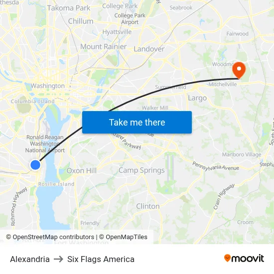 Alexandria to Six Flags America map