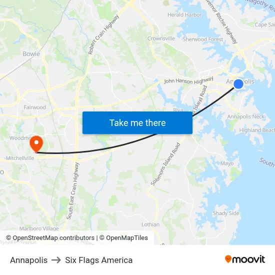 Annapolis to Six Flags America map
