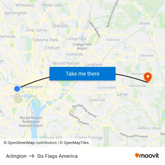 Arlington to Six Flags America map