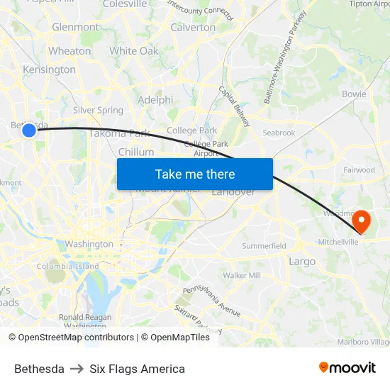 Bethesda to Six Flags America map