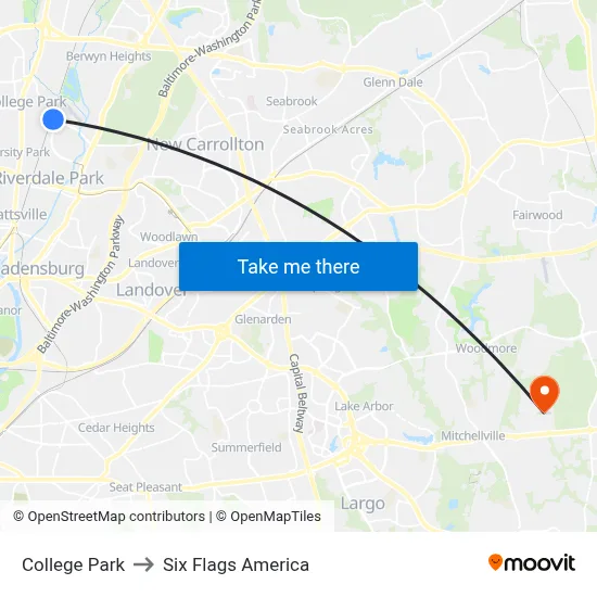 College Park to Six Flags America map