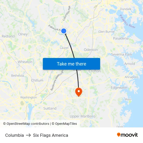 Columbia to Six Flags America map