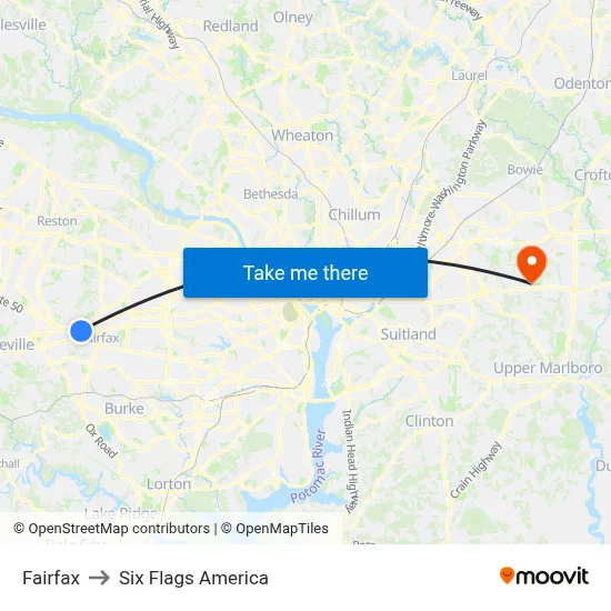 Fairfax to Six Flags America map