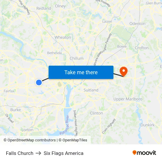 Falls Church to Six Flags America map