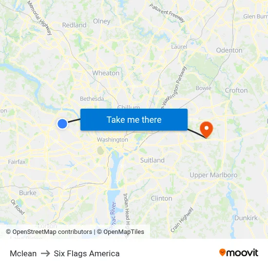 Mclean to Six Flags America map