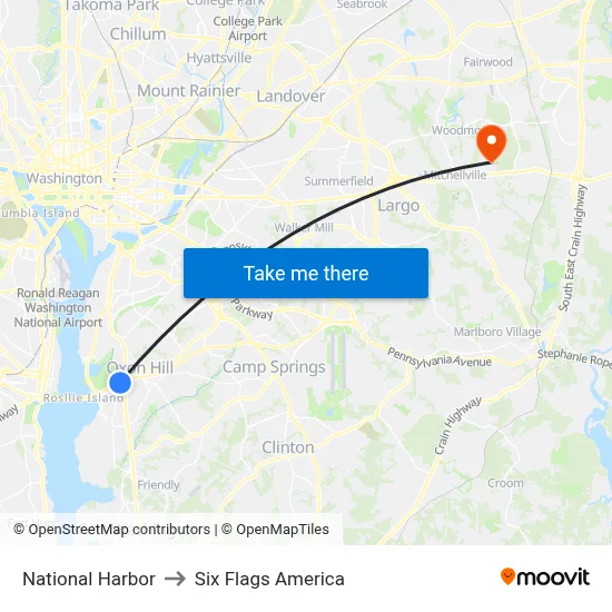 National Harbor to Six Flags America map