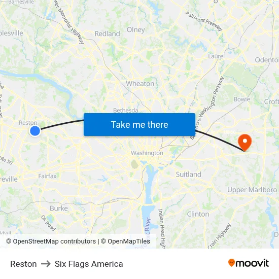 Reston to Six Flags America map