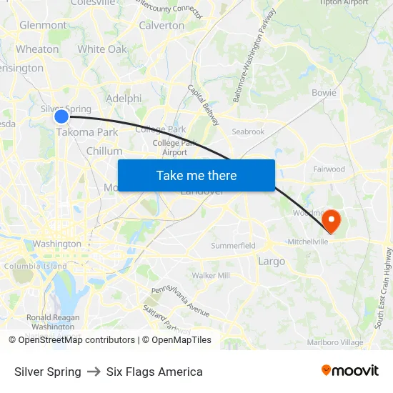 Silver Spring to Six Flags America map