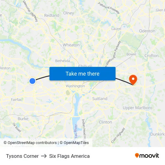 Tysons Corner to Six Flags America map