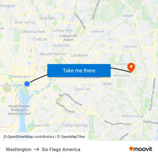 Washington to Six Flags America map
