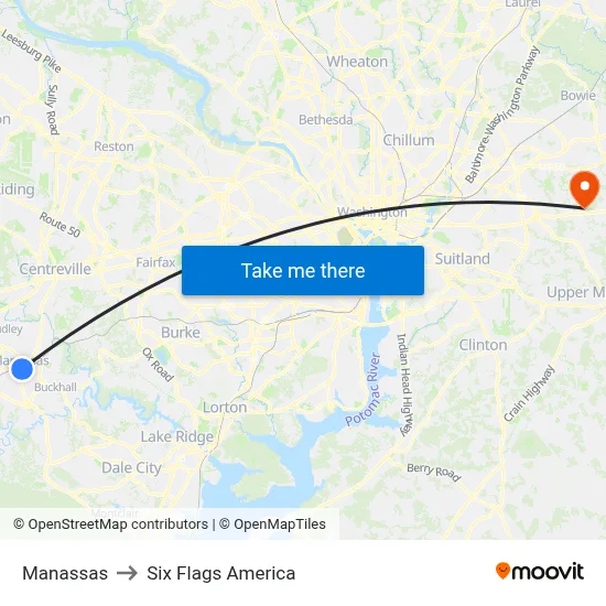 Manassas to Six Flags America map