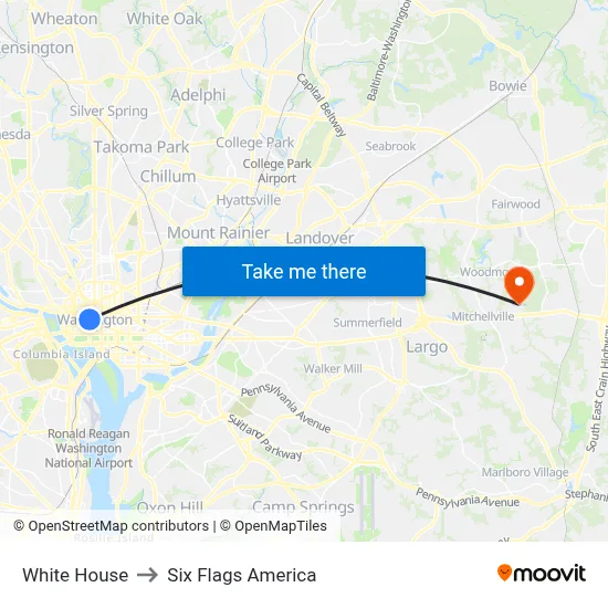 White House to Six Flags America map