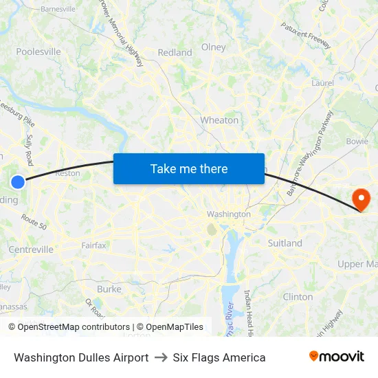 Washington Dulles Airport to Six Flags America map