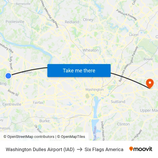 Washington Dulles Airport (IAD) to Six Flags America map
