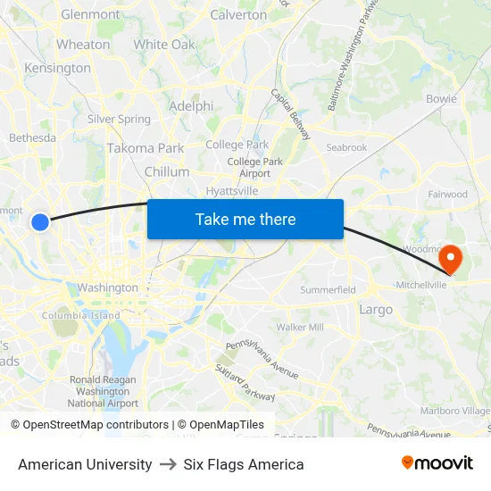 American University to Six Flags America map