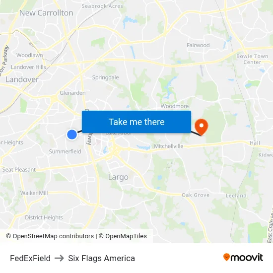 FedExField to Six Flags America map