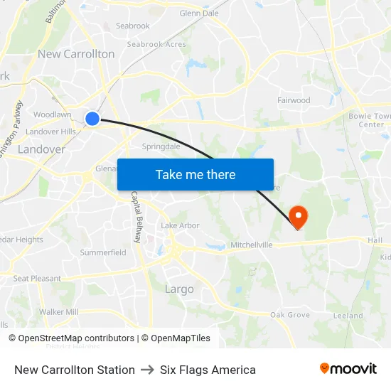 New Carrollton Station to Six Flags America map