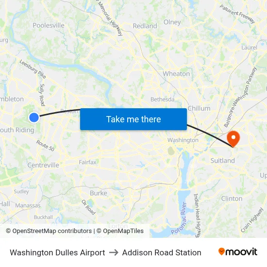 Washington Dulles Airport to Addison Road Station map
