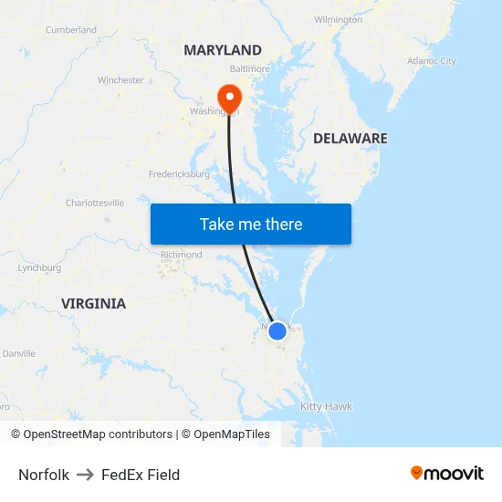 Norfolk to FedEx Field map
