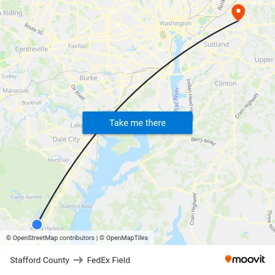 Stafford County to FedEx Field map