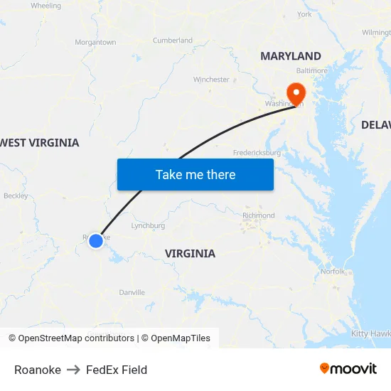 Roanoke to FedEx Field map