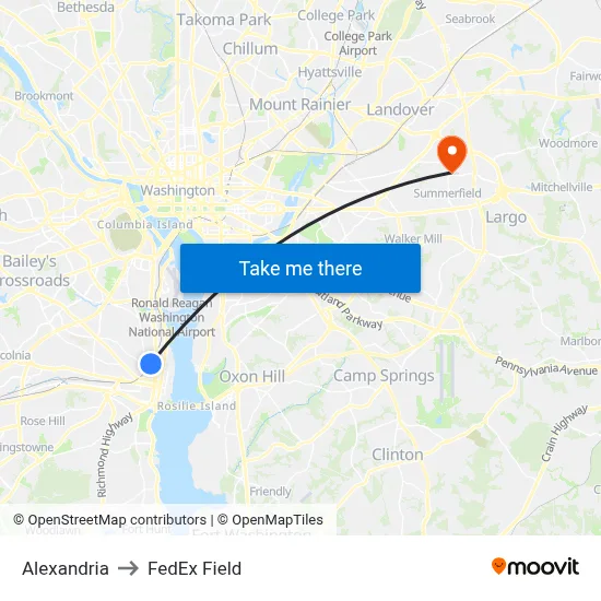 Alexandria to FedEx Field map
