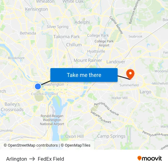 Arlington to FedEx Field map
