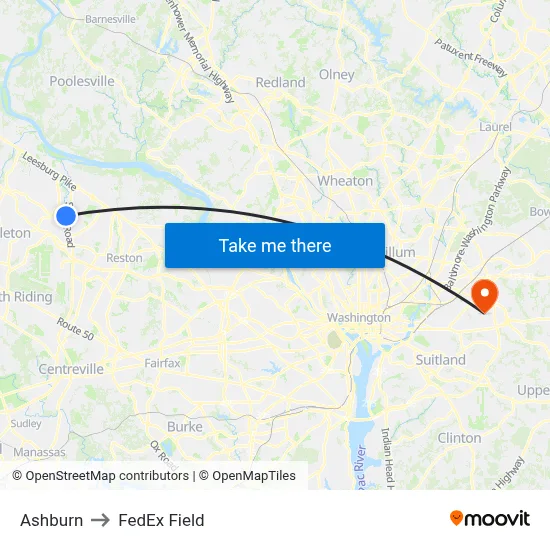 Ashburn to FedEx Field map