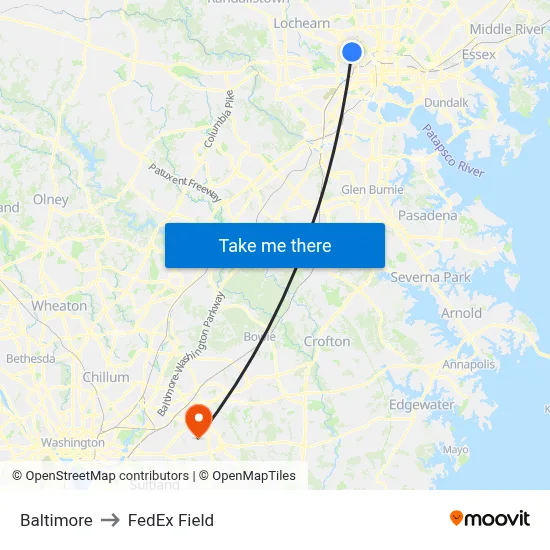 Baltimore to FedEx Field map