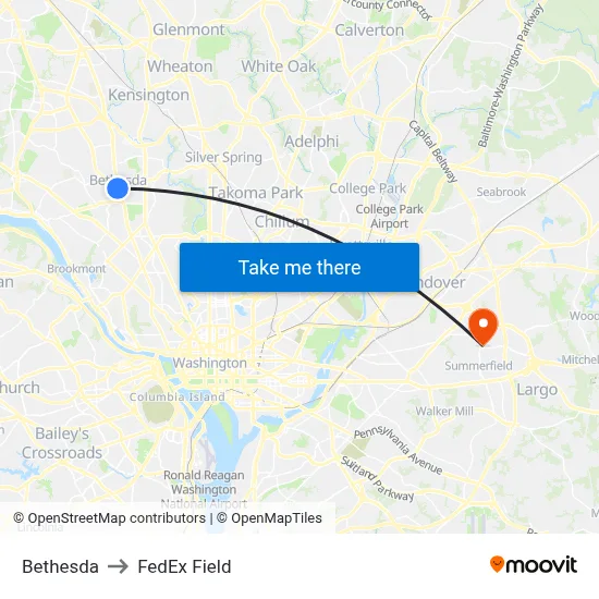 Bethesda to FedEx Field map