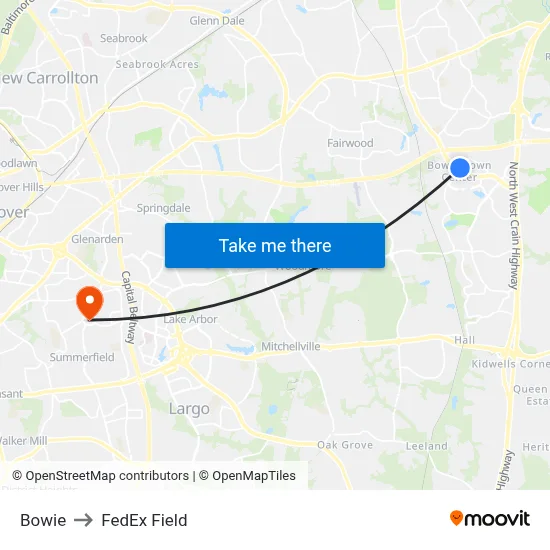 Bowie to FedEx Field map