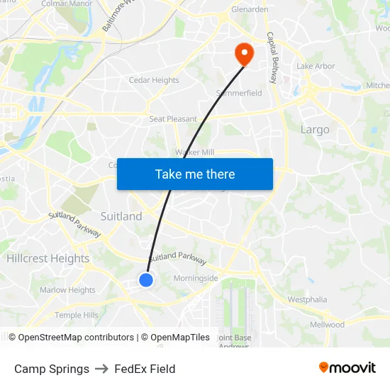 Camp Springs to FedEx Field map