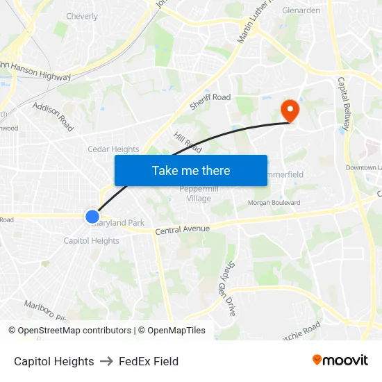 Capitol Heights to FedEx Field map