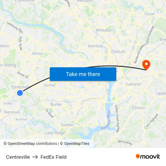 Centreville to FedEx Field map