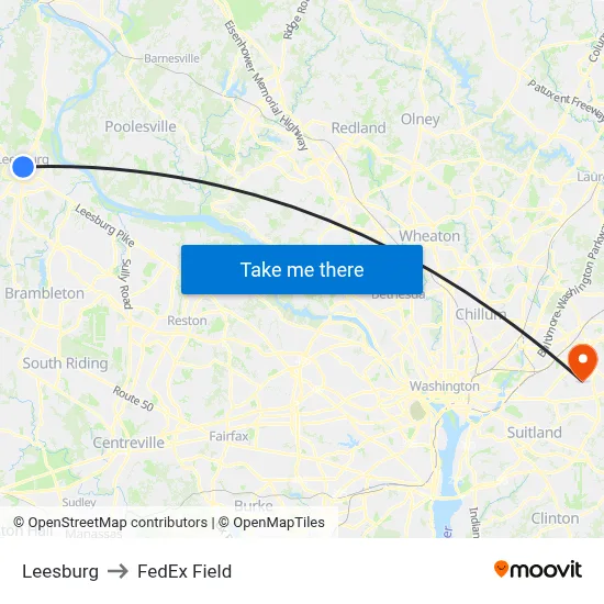 Leesburg to FedEx Field map