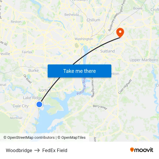 Woodbridge to FedEx Field map