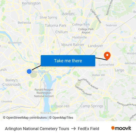 Arlington National Cemetery Tours to FedEx Field map