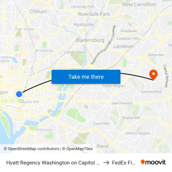 Hyatt Regency Washington on Capitol Hill to FedEx Field map