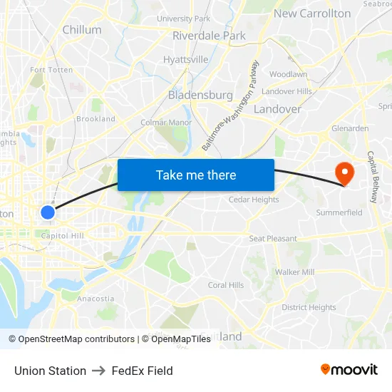Union Station to FedEx Field map