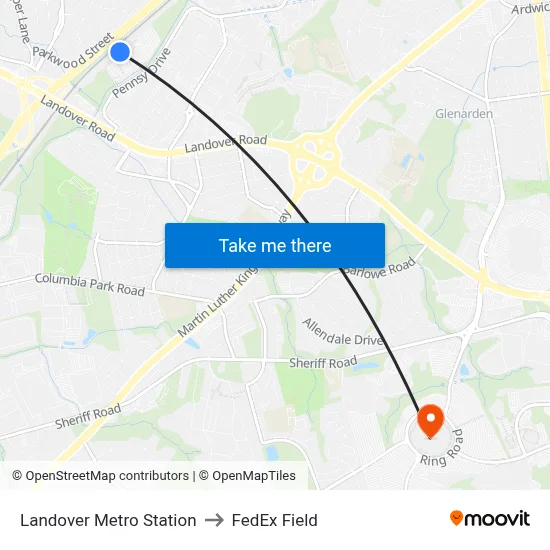 Landover Metro Station to FedEx Field map