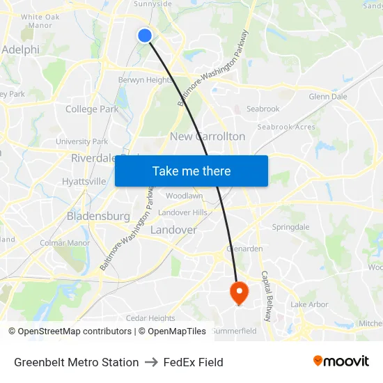 Greenbelt Metro Station to FedEx Field map