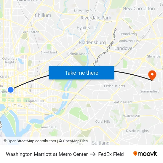 Washington Marriott at Metro Center to FedEx Field map