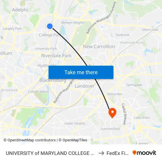 UNIVERSITY of MARYLAND COLLEGE PARK to FedEx Field map