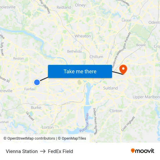 Vienna Station to FedEx Field map